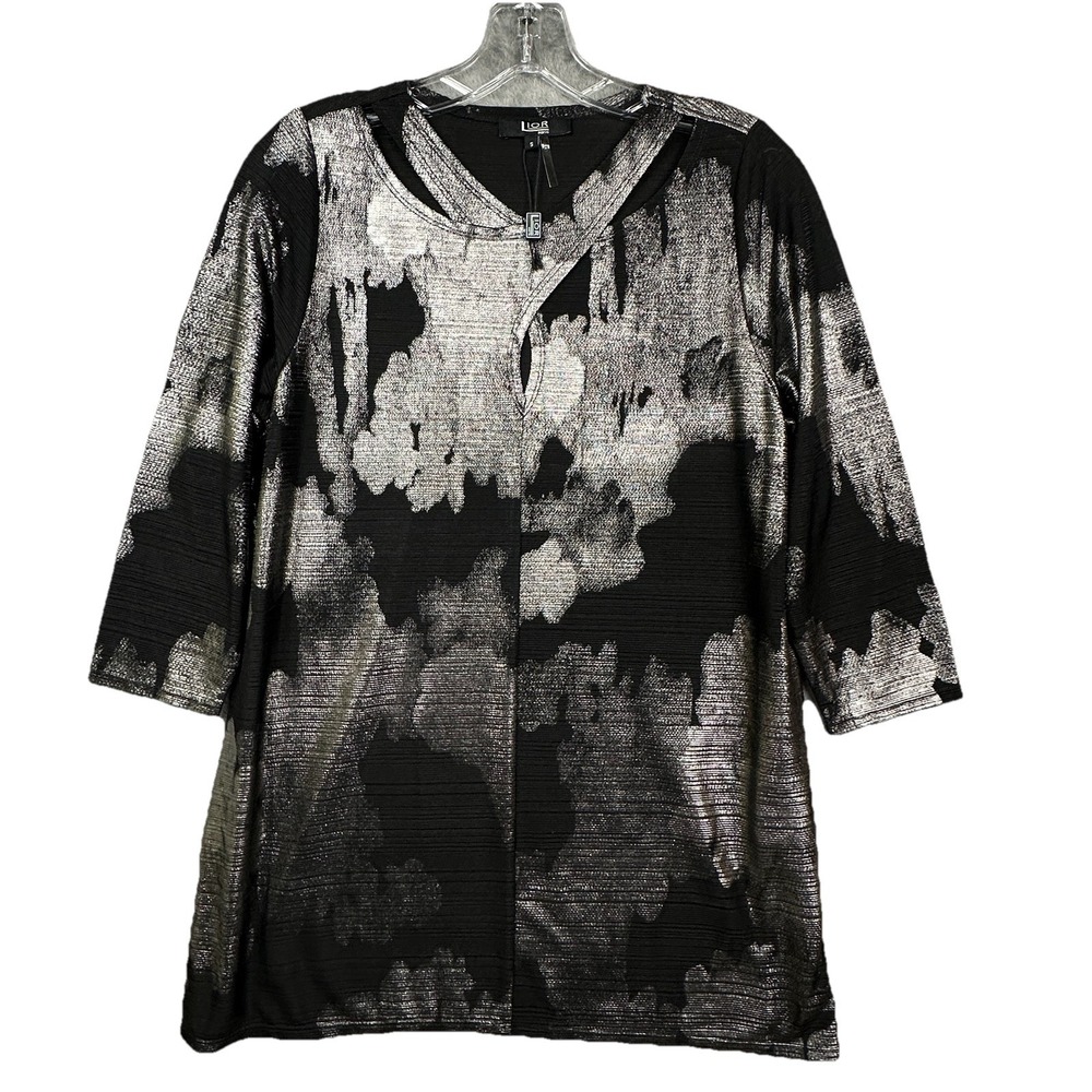 Lior Paris Blouse Shirt Women's Small 3/4 Sleeve Metallic Black‎ Gray Splash NWT
